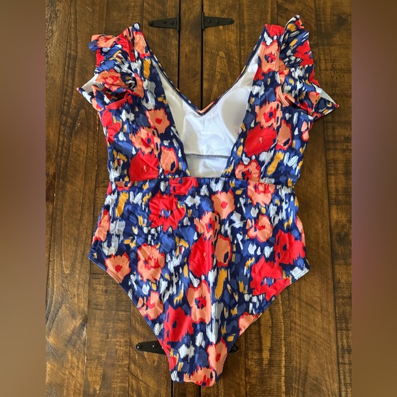 Chic Soul Vibrant Floral One Piece - Red and Navy - Picture 2 of 6